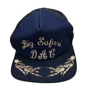 Vintage 1970s blue trucker hat featuring embroidered Big Safari DAC Blue